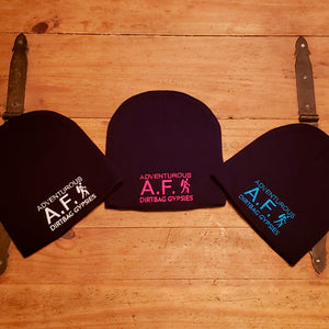 Adventurous A.F. Black Beanie with White,  Aqua and Neon Pink  8" Knit
