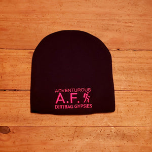 Adventurous A.F. Black Beanie with White,  Aqua and Neon Pink  8" Knit
