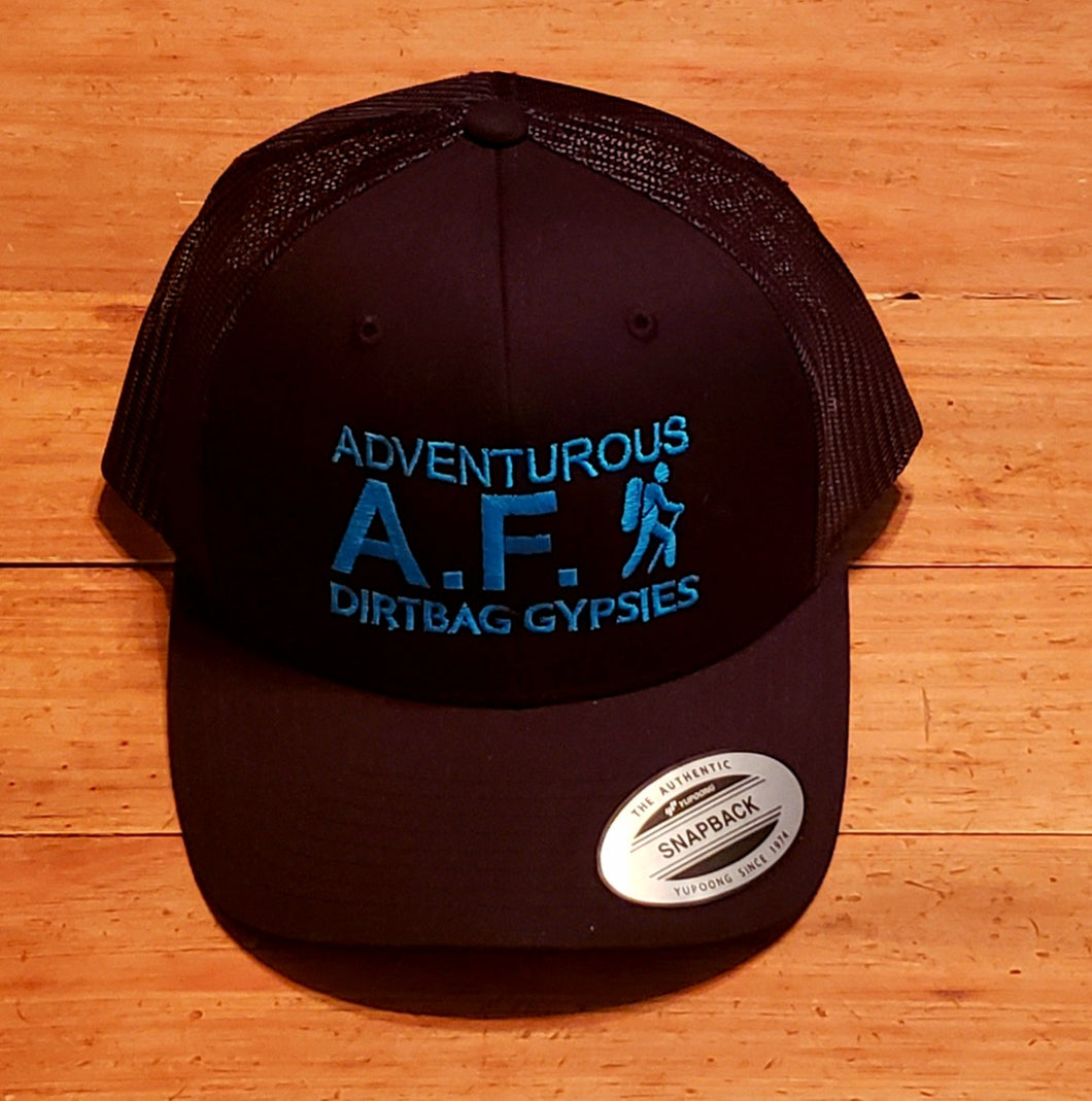 Adventurous A.F. Black Black DirtBag Gypsies Snap Back Hat with White, Aqua Blue, Neon Pink