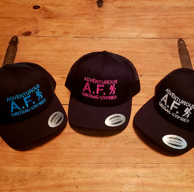 Adventurous A.F. Black Black DirtBag Gypsies Snap Back Hat with White, Aqua Blue, Neon Pink