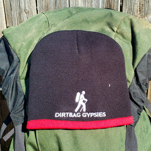 Black with Red band Knit Beanie with White Dirtbag Gypsies Logo