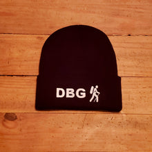 Load image into Gallery viewer, Black DBG 12&quot; Knit Beanie with White, Aqua and Neon Pink Logo