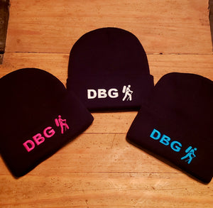 Black DBG 12" Knit Beanie with White, Aqua and Neon Pink Logo