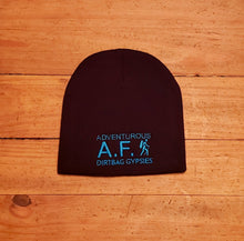Load image into Gallery viewer, Adventurous A.F. Black Beanie with White,  Aqua and Neon Pink  8&quot; Knit