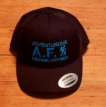 Load image into Gallery viewer, Adventurous A.F. Black Black DirtBag Gypsies Snap Back Hat with White, Aqua Blue, Neon Pink