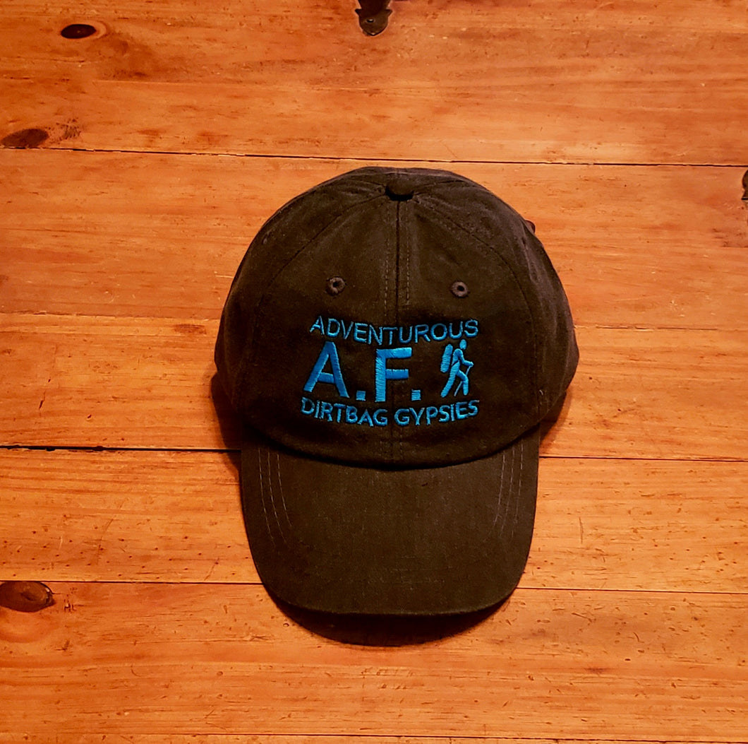 Adventurous as A.F. Black Dirtbag Gypsies Hat! White,  Aqua Blue and Neon Pink Adams Optimum Solid Pigment Dyed Hat.