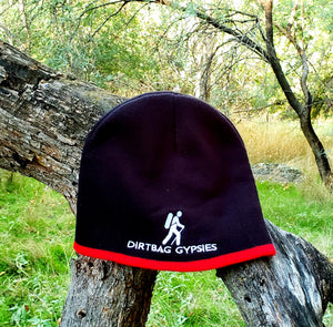 Black with Red band Knit Beanie with White Dirtbag Gypsies Logo