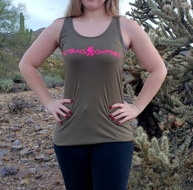 Military Green with Neon Pink Dirtbag Gypsies Women's Racerback Tank Top