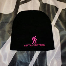 Load image into Gallery viewer, Black with Neon Pink Dirtbag Gypsies Logo Beanie 8&quot; Knit