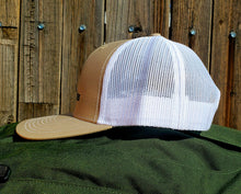Load image into Gallery viewer, Khaki/White DirtBag Gypsies Trucker Snap Back Hat with Black logo