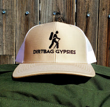 Load image into Gallery viewer, Khaki/White DirtBag Gypsies Trucker Snap Back Hat with Black logo