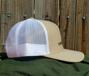 Khaki/White DirtBag Gypsies Trucker Snap Back Hat with Black logo